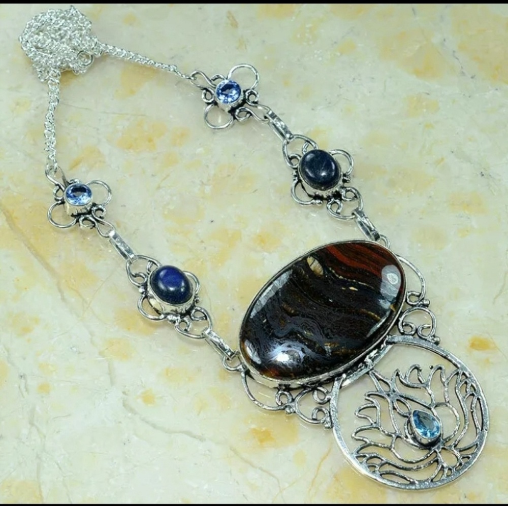 New Iron Tiger Eye, Lapis, Iolite Silver Necklace.